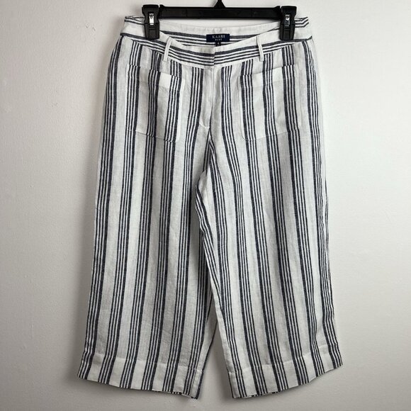 Kaari Blue 100% Linen Wide‎ Leg Cropped Pants Culottes Size 4 Pockets Casual - Picture 1 of 11